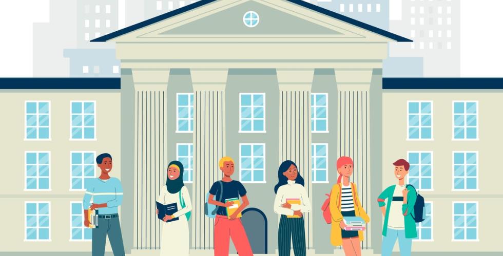 Illustrasjon av en mangfoldig gruppe studenter som står utenfor en universitetsbygning